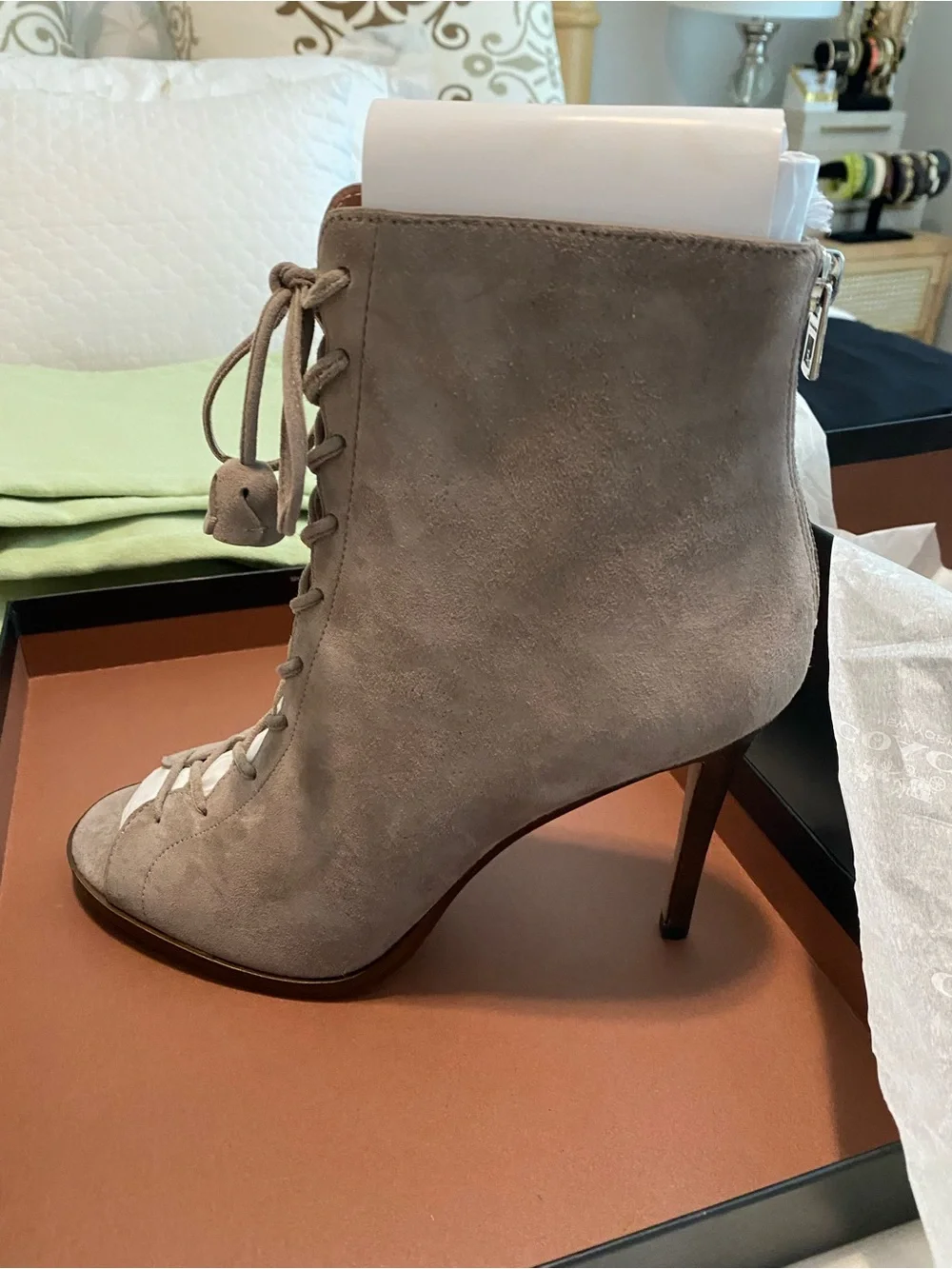 Coach Taupe Suede Lace-Up Ankle Bootie